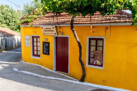 Ithaca Island, Greece-05.25.2022. The bakery on the hillside of Kioni village, a beautiful sleepy holiday destination.