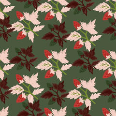 Freehand wild strawberry branch seamless pattern. Hand drawn wild berries floral wallpaper. Strawberry plant endless backdrop.
