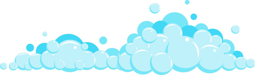 Cartoon soap foam with bubbles. Light blue suds of bath, shampoo, shaving, mousse.  - obrazy, fototapety, plakaty
