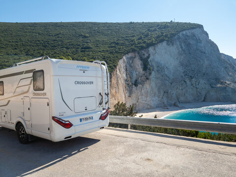 Lefkada island. Greece- 10.21.2022. A Hymer Crossover camper van, motor home with a stunning view of Porto Katsiki beach.