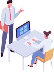 Boss, Leader. Computer working isometric people. Office life illustration