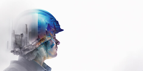 Future building construction engineering project devotion with double exposure graphic design....