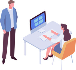 Boss, Leader. Computer working isometric people. Office life illustration