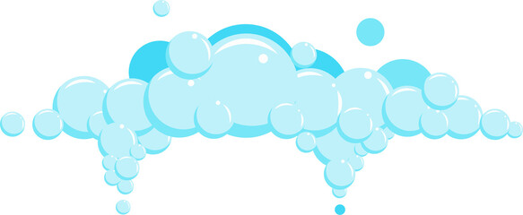 Cartoon soap foam with bubbles. Light blue suds of bath, shampoo, shaving, mousse.  - obrazy, fototapety, plakaty