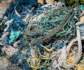 Detail view and background of used fishing nets