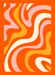 Colorful retro background. Hippie fun gift card template. Vintage 1970s wavy poster. 1960s nostalgic groovy vector illustration.