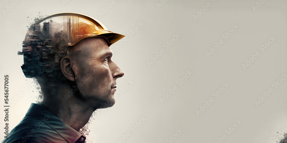 Poster future building construction engineering project devotion with double exposure graphic design. build