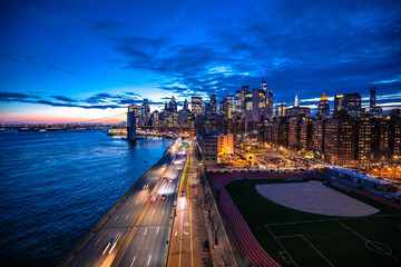 New York City downtown skyline architecture dusk view