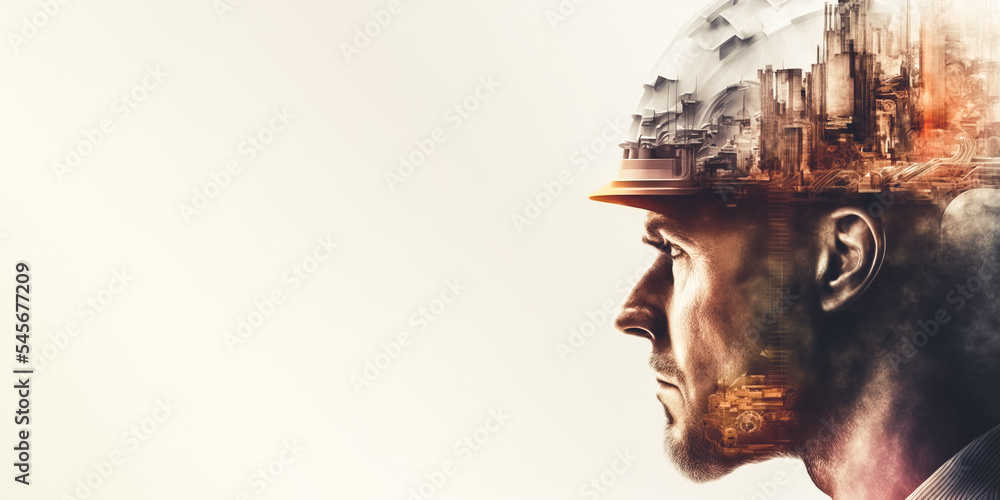 Poster future building construction engineering project devotion with double exposure graphic design. build