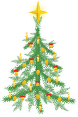 Christmas tree with decorations - star, candles, bells and golden cones, vector illustration