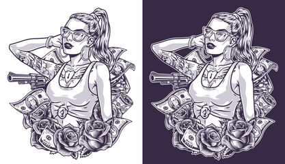 Cocky armed girl logotype monochrome