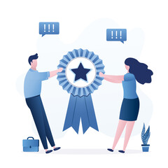 Colleagues fight for the winner's medal, prize for best worker of month. Good work award. Business competition. Businessman and businesswoman holding an reward.
