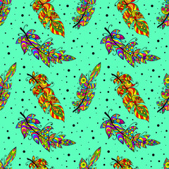 Colorful creative feather seamless pattern. Vector artistic illustration.	
