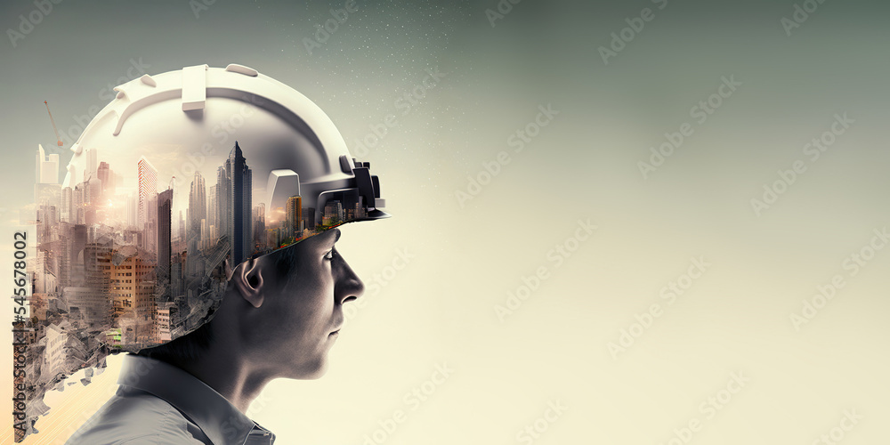 Poster future building construction engineering project devotion with double exposure graphic design. build