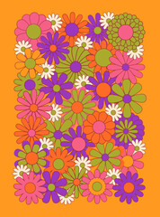 Fototapeta na wymiar Vintage 1970s floral poster. 1960s nostalgic groovy flat vector illustration. Hippie fun background. Retro flower power gift card template.