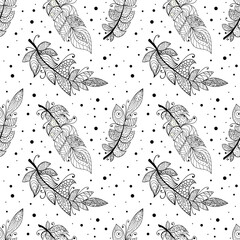 Graphic creative feather seamless pattern. Black and white vector artistic illustration.