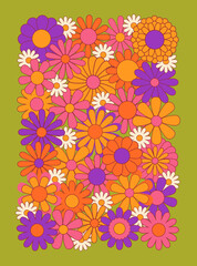 Vintage 1970s floral poster. 1960s nostalgic groovy flat vector illustration. Hippie fun background. Retro flower power gift card template.