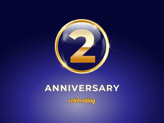 Vector graphic of 2 years golden anniversary logo with round blue glossy button with gold ring frame on dark blue gradient background. Good design for Congratulation celebration event, birthday, etc.