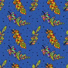 Colorful creative feather seamless pattern. Vector artistic illustration.