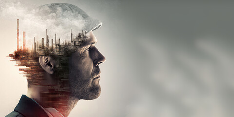 Future building construction engineering project devotion with double exposure graphic design....