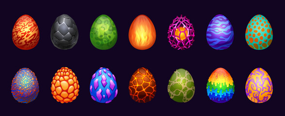 Dragon eggs. Cartoon magic fantasy elements glossy shell for game user interface design, dinosaur eggshell power energy lightning. Vector set