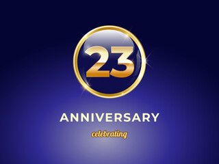 Vector graphic of 23 years golden anniversary logo with round blue glossy button with gold ring frame on dark blue gradient background. Good design for Congratulation celebration event, birthday, etc.
