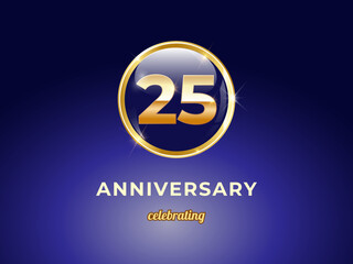 Vector graphic of 25 years golden anniversary logo with round blue glossy button with gold ring frame on dark blue gradient background. Good design for Congratulation celebration event, birthday, etc.