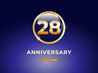 Vector graphic of 28 years golden anniversary logo with round blue glossy button with gold ring frame on dark blue gradient background. Good design for Congratulation celebration event, birthday, etc.