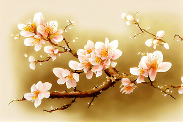 Digital illustration of watercolor cherry blossom on a branch. Sakura pink flowers on a tree branch.