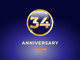 Vector graphic of 34 years golden anniversary logo with round blue glossy button with gold ring frame on dark blue gradient background. Good design for Congratulation celebration event, birthday, etc.