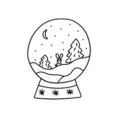 Glass ball with night forest, snowing, Christmas trees and crescent. Bunny peeking out of snowdrift. Black and white vector isolated illustration hand drawn doodle. Festive winter season present