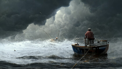 Naklejka premium Fisherman on a sunken boat at storm. Saving of fisherman boat at huge storm. Ship in the storm tempest.