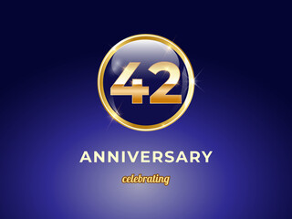 Obraz premium Vector graphic of 42 years golden anniversary logo with round blue glossy button with gold ring frame on dark blue gradient background. Good design for Congratulation celebration event, birthday, etc.