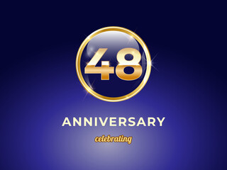 Vector graphic of 48 years golden anniversary logo with round blue glossy button with gold ring frame on dark blue gradient background. Good design for Congratulation celebration event, birthday, etc.