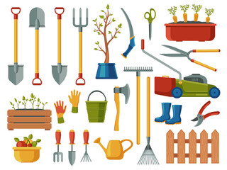 Gardening equipment. Abstract cartoon garden tools with pitchfork spade watering can trowel gloves shovel rake, agriculture farming symbols. Vector set