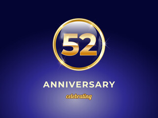 Obraz premium Vector graphic of 52 years golden anniversary logo with round blue glossy button with gold ring frame on dark blue gradient background. Good design for Congratulation celebration event, birthday, etc.