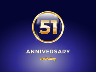 Vector graphic of 51 years golden anniversary logo with round blue glossy button with gold ring frame on dark blue gradient background. Good design for Congratulation celebration event, birthday, etc.