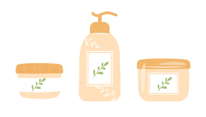 Set of hand drawn natural cosmetics packaging - dispenser bottle, face and body cream jars with leaves branches. Flat cartoon vector illustration. Concept of organic cosmetics and skin care routine