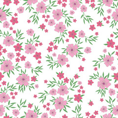 Cute floral pattern. Seamless vector texture. An elegant template for fashionable prints. Print with pink flowers, green leaves. white background.