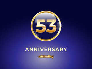 Vector graphic of 53 years golden anniversary logo with round blue glossy button with gold ring frame on dark blue gradient background. Good design for Congratulation celebration event, birthday, etc.