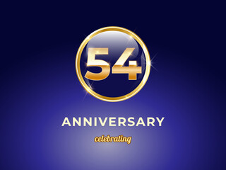 Obraz premium Vector graphic of 54 years golden anniversary logo with round blue glossy button with gold ring frame on dark blue gradient background. Good design for Congratulation celebration event, birthday, etc.