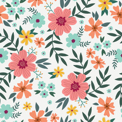 Cute floral pattern. Seamless vector texture. An elegant template for fashionable prints. Print with pink,yellow and blue  flowers, green leaves. white  background.