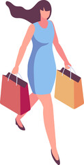 Isometric woman, girl with shopping bag. Shopping, market