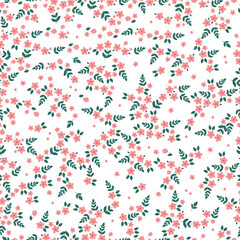 Cute floral pattern. Seamless vector texture. An elegant template for fashionable prints. Print with small pink flowers, green leaves. white background.