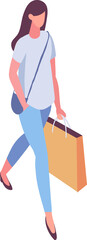 Isometric woman, girl with shopping bag. Shopping, market