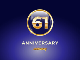 Vector graphic of 61 years golden anniversary logo with round blue glossy button with gold ring frame on dark blue gradient background. Good design for Congratulation celebration event, birthday, etc.