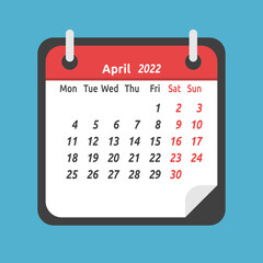 Monthly calendar for April 2022. Week starts on Monday. Time, planning and schedule concept. Flat design. Vector illustration. EPS 8, no gradients, no transparency