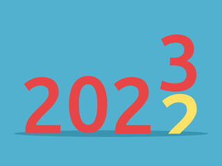 New red 2023 year changing 2022 number on blue background. Holiday, time, beginning and celebration concept. Flat design. Vector illustration. EPS 8, no transparency