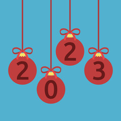 New Year 2023 with Christmas balls on blue background. Holiday, celebration, party and event concept. Flat design. Vector illustration. EPS 8, no gradients, no transparency