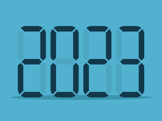 2023, digital display style. New Year, calculation, planning, accounting, analysis and science concept. Flat design. Vector illustration. EPS 8, no gradients, no transparency